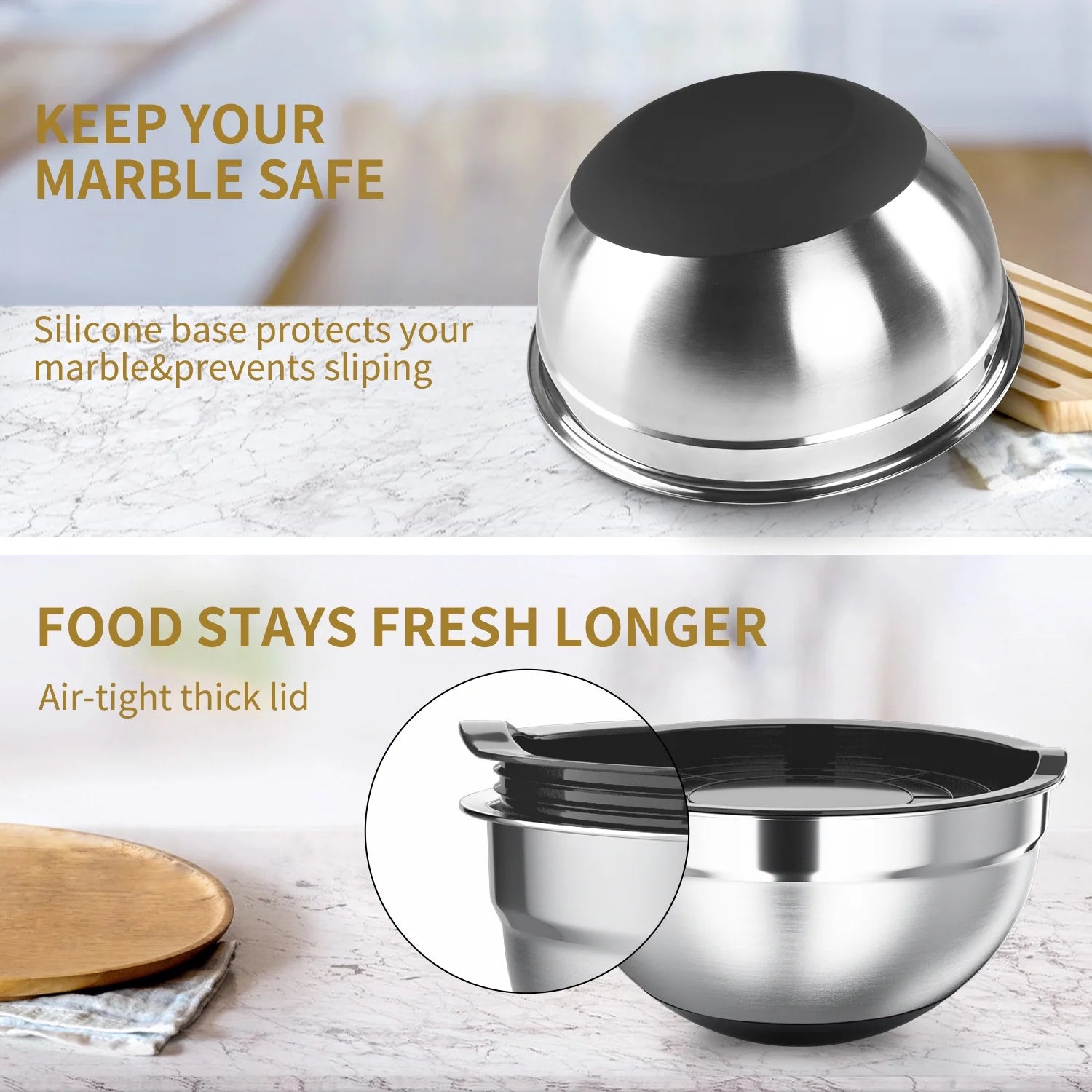 Mixing Bowls with Lids: Stainless Steel Mixing Bowls Set - 6 Piece Metal Nesting Mixing Bowls with Rubber Bottom-Black - CommunityRateLLC