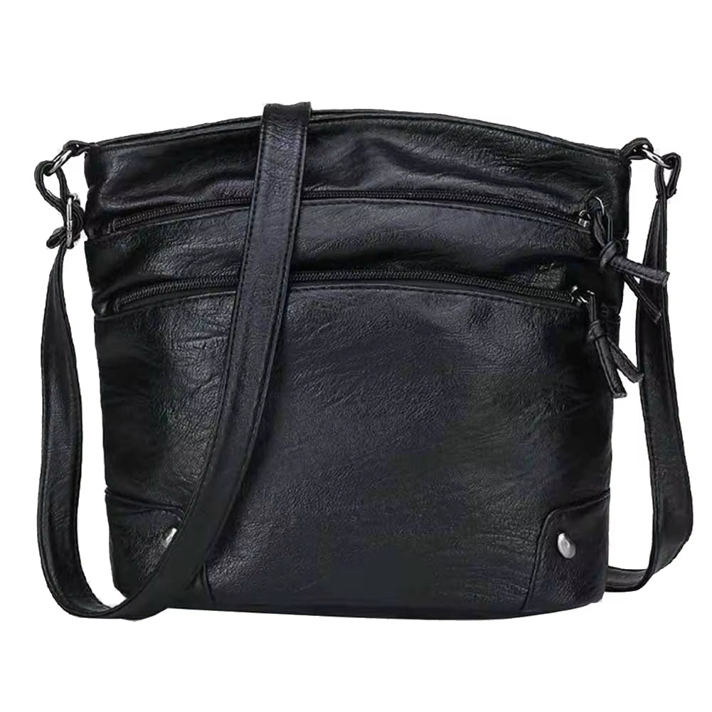 Women's High-Quality Soft PU Leather Multi-Pocket Shoulder Bag - Black Business Crossbody Messenger Bag