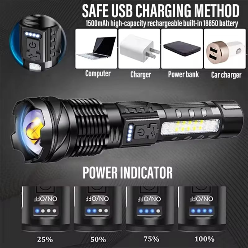 XHP50 Waterproof LED Flashlight with Side Light, 7 Modes, USB Rechargeable, Zoom Function - Ideal for Camping and Fishing