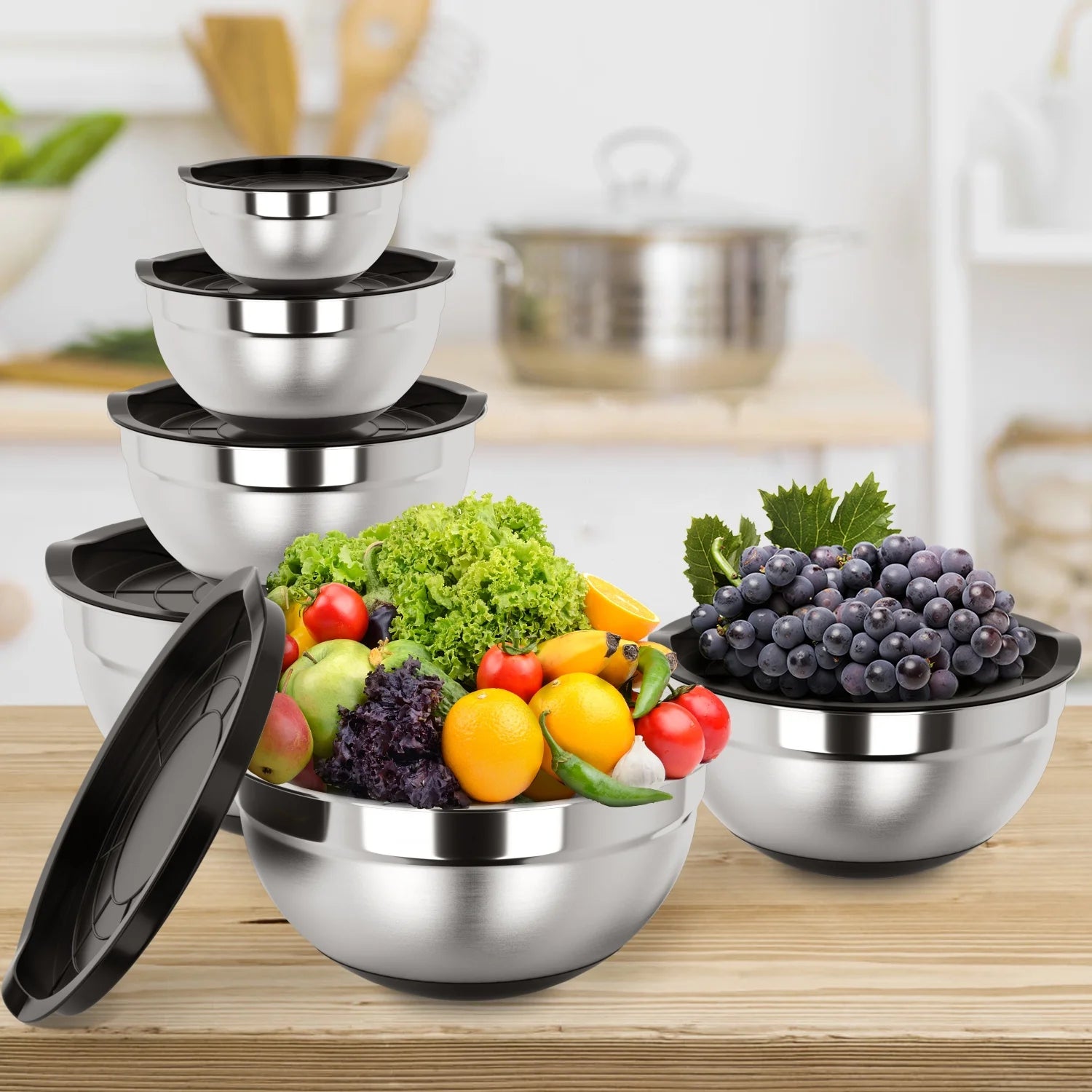 Mixing Bowls with Lids: Stainless Steel Mixing Bowls Set - 6 Piece Metal Nesting Mixing Bowls with Rubber Bottom-Black - CommunityRateLLC