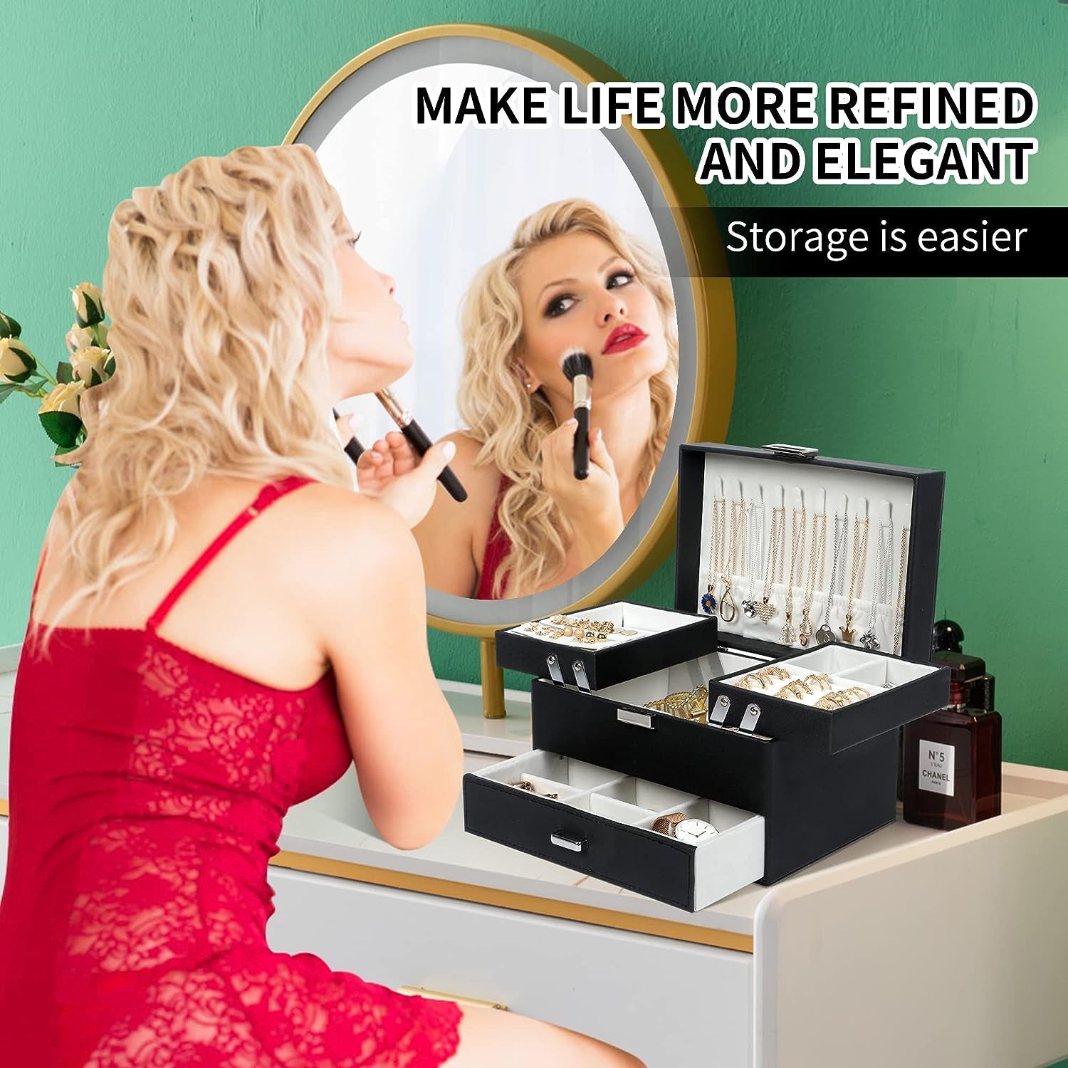 Women's Jewelry Organizer Box - 3-Layer Storage Solution for Earrings, Rings, Necklaces, and Bracelets (Black)