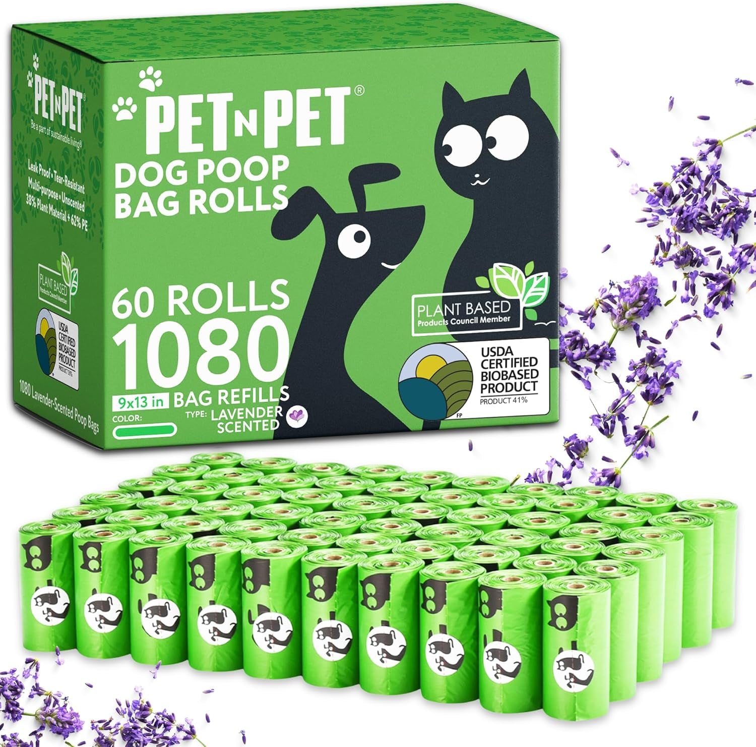 USDA Certified 41% Plant-Based Dog Waste Bags - Leak-Proof Refill Rolls (1080 Count, Unscented, Green)
