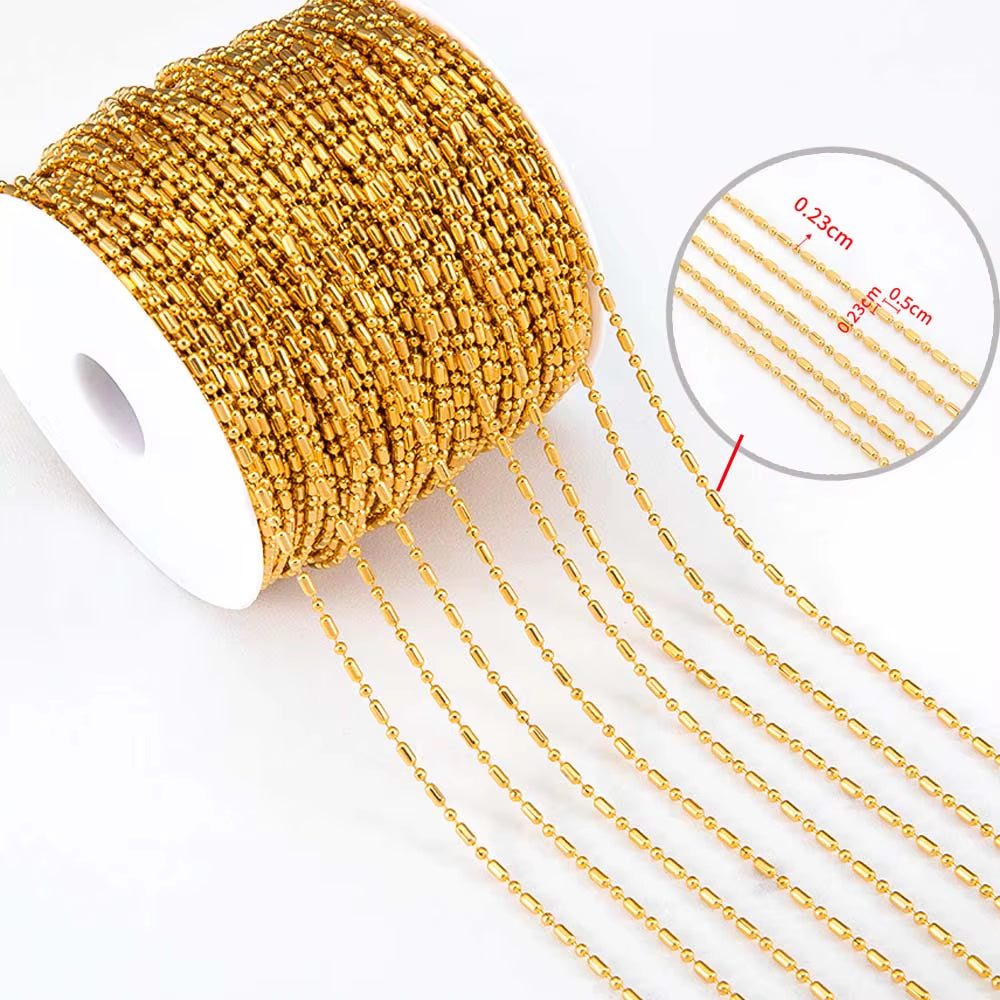 2-Meter No Fade Stainless Steel Chains for Jewelry Making - Gold Beaded Necklace and Bracelet Accessories