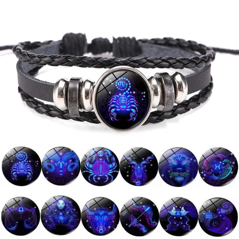 Luminous Zodiac Sign Charm Bracelets for Men and Women - Vintage Multilayer Leather Wrap Bangle, Ideal Birthday Gift