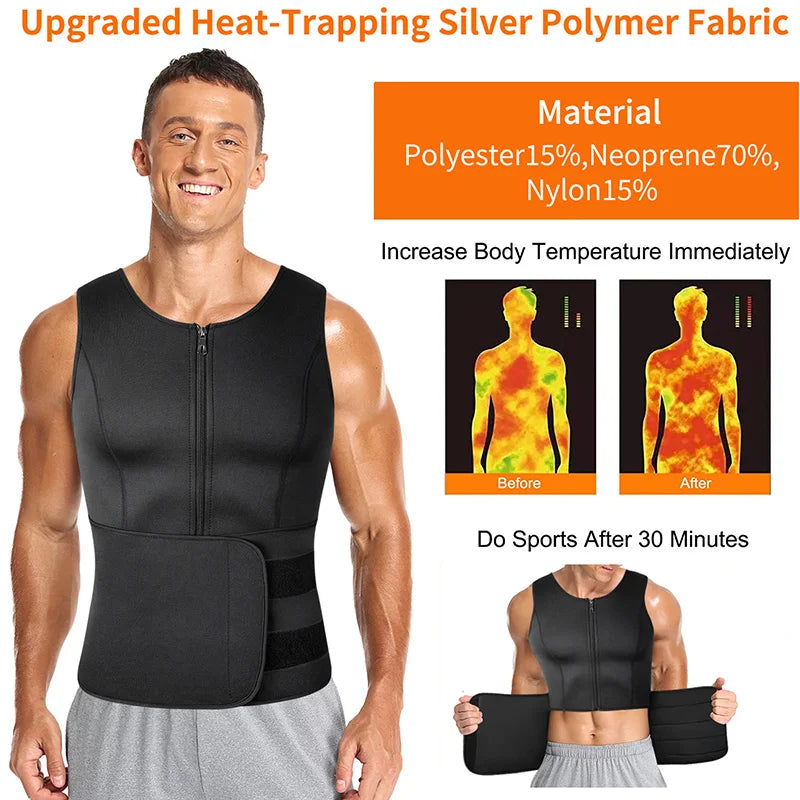 Men's Neoprene Sauna Zipper Waist Trainer Corset Vest for Enhanced Compression and Slimming Effect