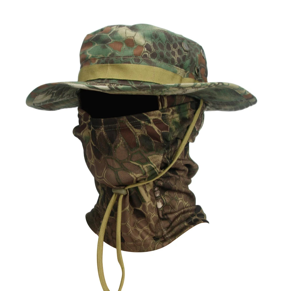 Camouflage Boonie Cap and Balaclava Set - Foldable Soft Outdoor Hat for Hunting and Fishing with Wide Brim for Sun Protection