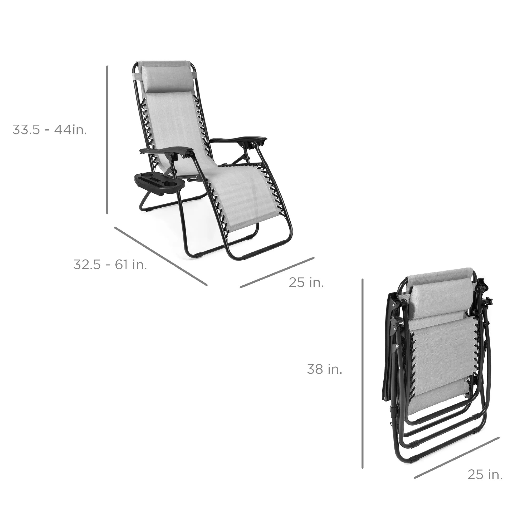 Set of 2 Zero Gravity Lounge Chair Recliners with Cup Holder Tray for Patio and Pool - Ice Gray