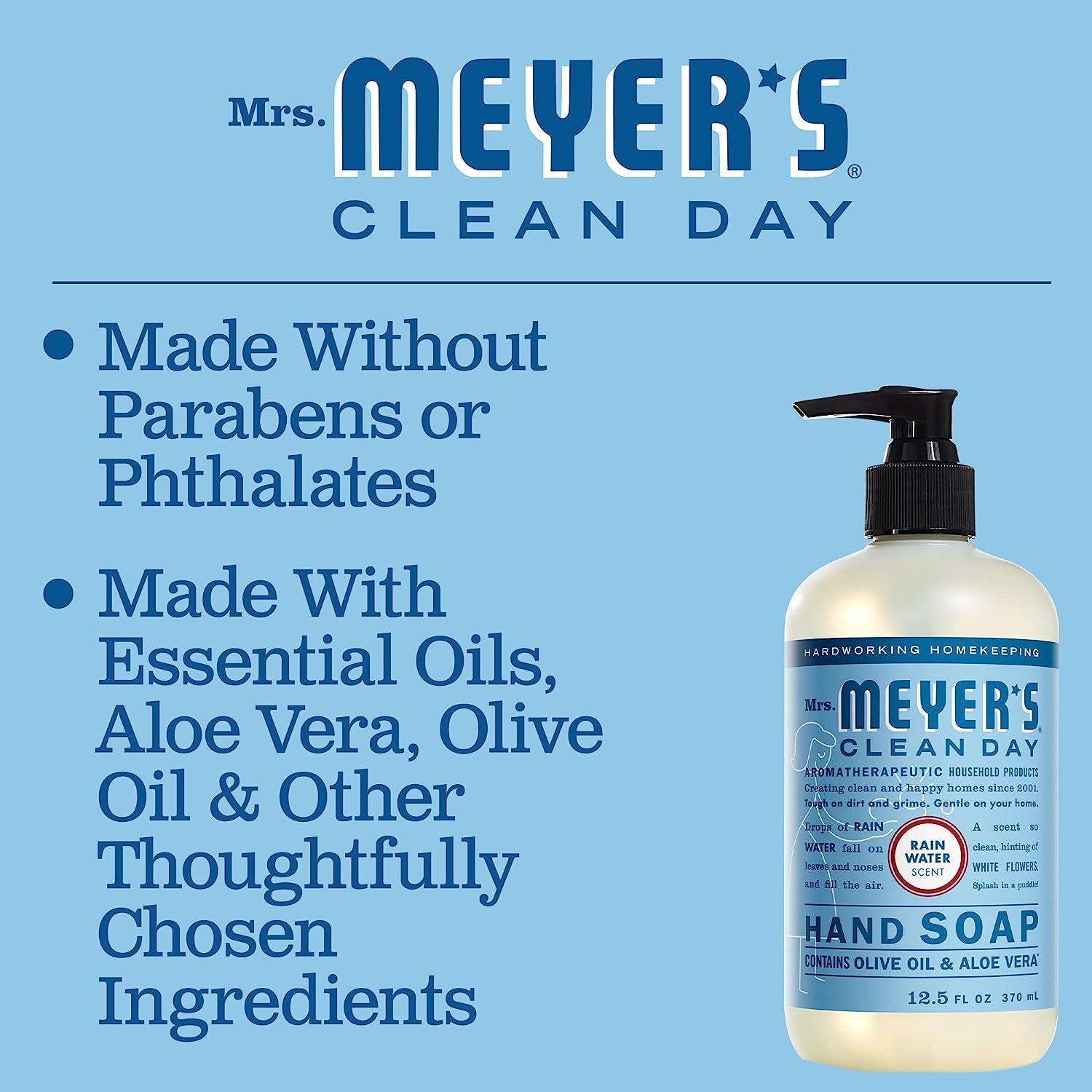 Mrs. Meyer's Clean Day Hand Soap with Essential Oils, Biodegradable Formula, Rain Water, 12.5 Fl. Oz - Set of 3