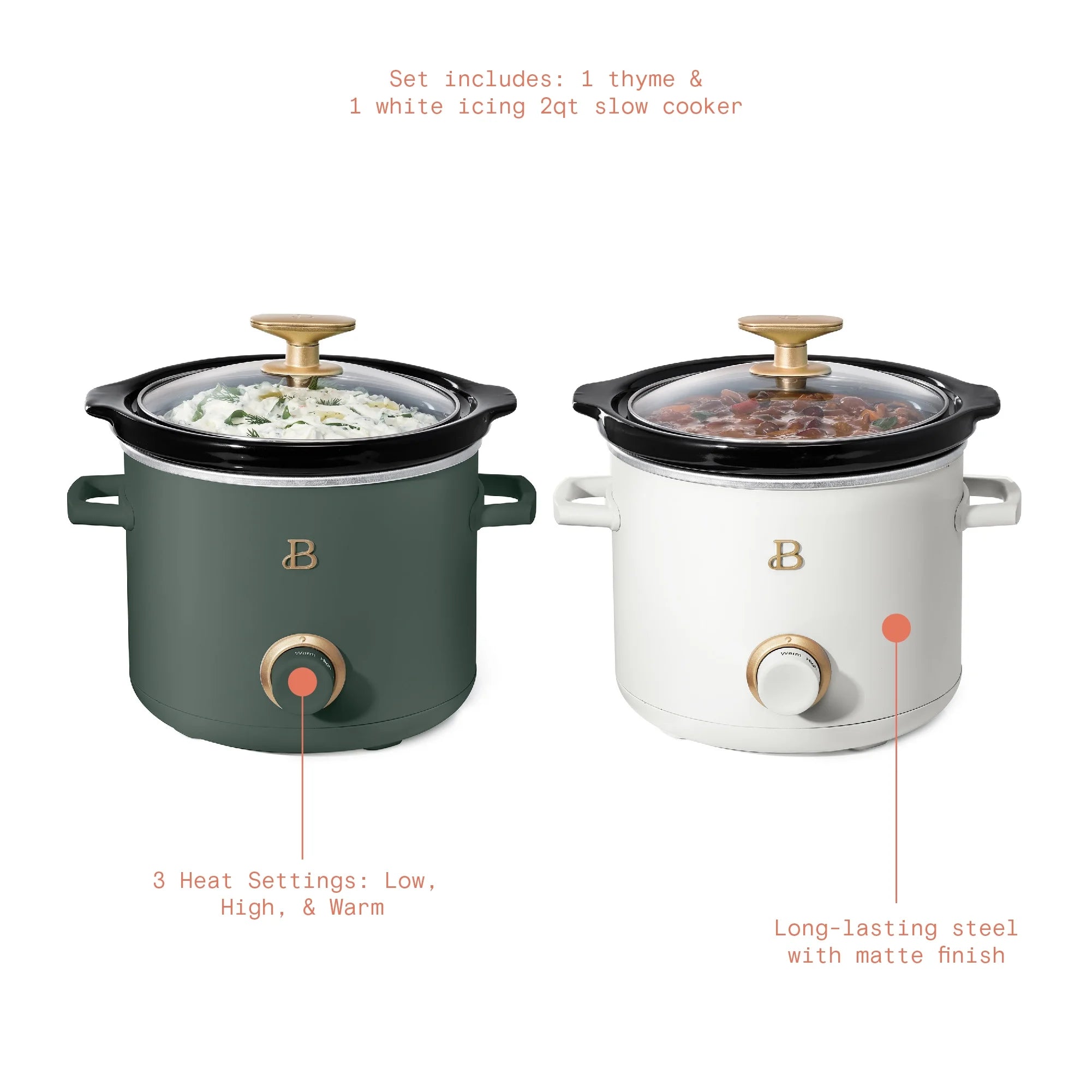 Drew Barrymore 2-Pack 2Qt Slow Cooker Set in Thyme and White Icing