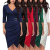 Formal Dress Women Summer Solid Color 3/4 Sleeve Elegant Dress High Waist Belted Irregular Pencil Dress Red