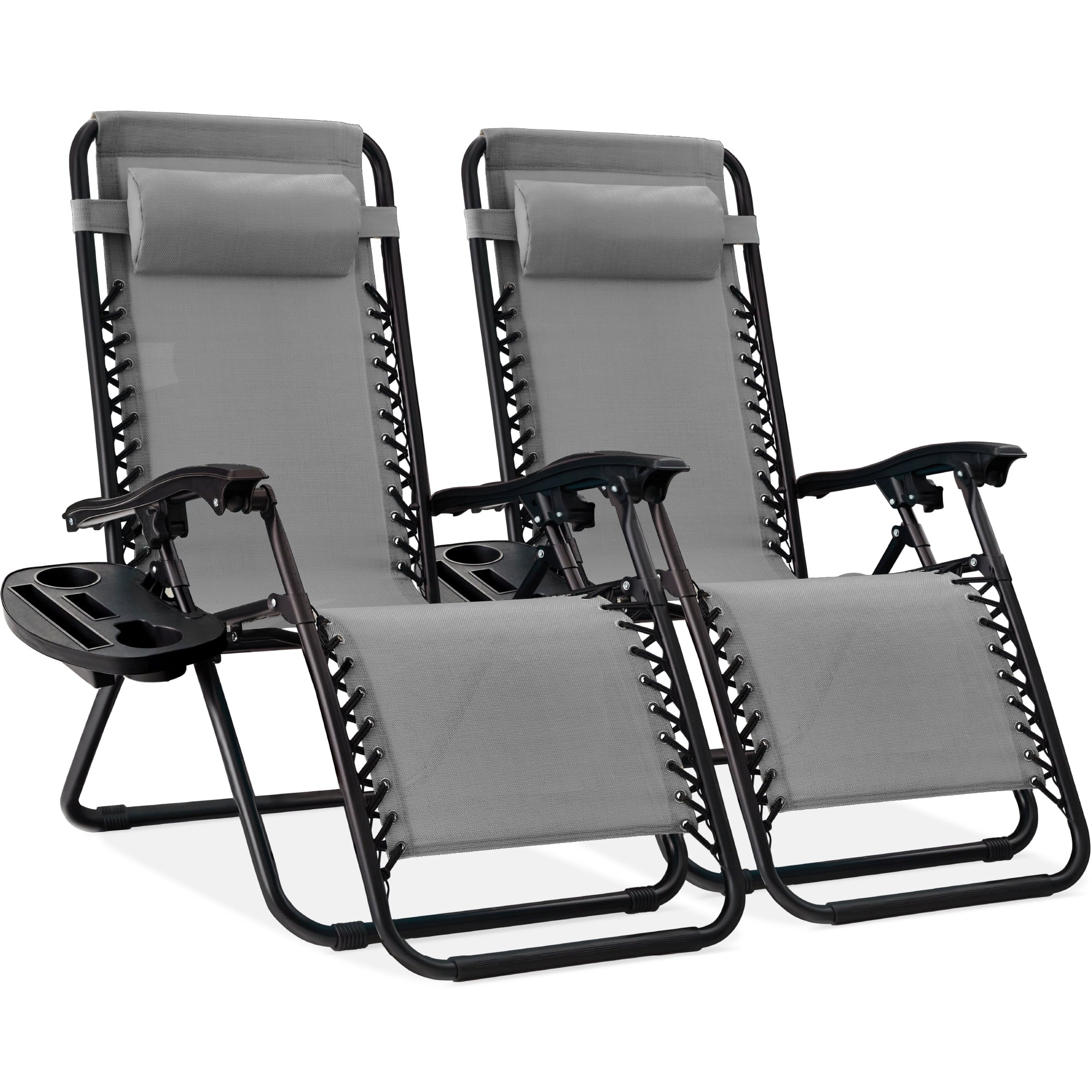 Set of 2 Zero Gravity Lounge Chair Recliners with Cup Holder Tray for Patio and Pool - Ice Gray