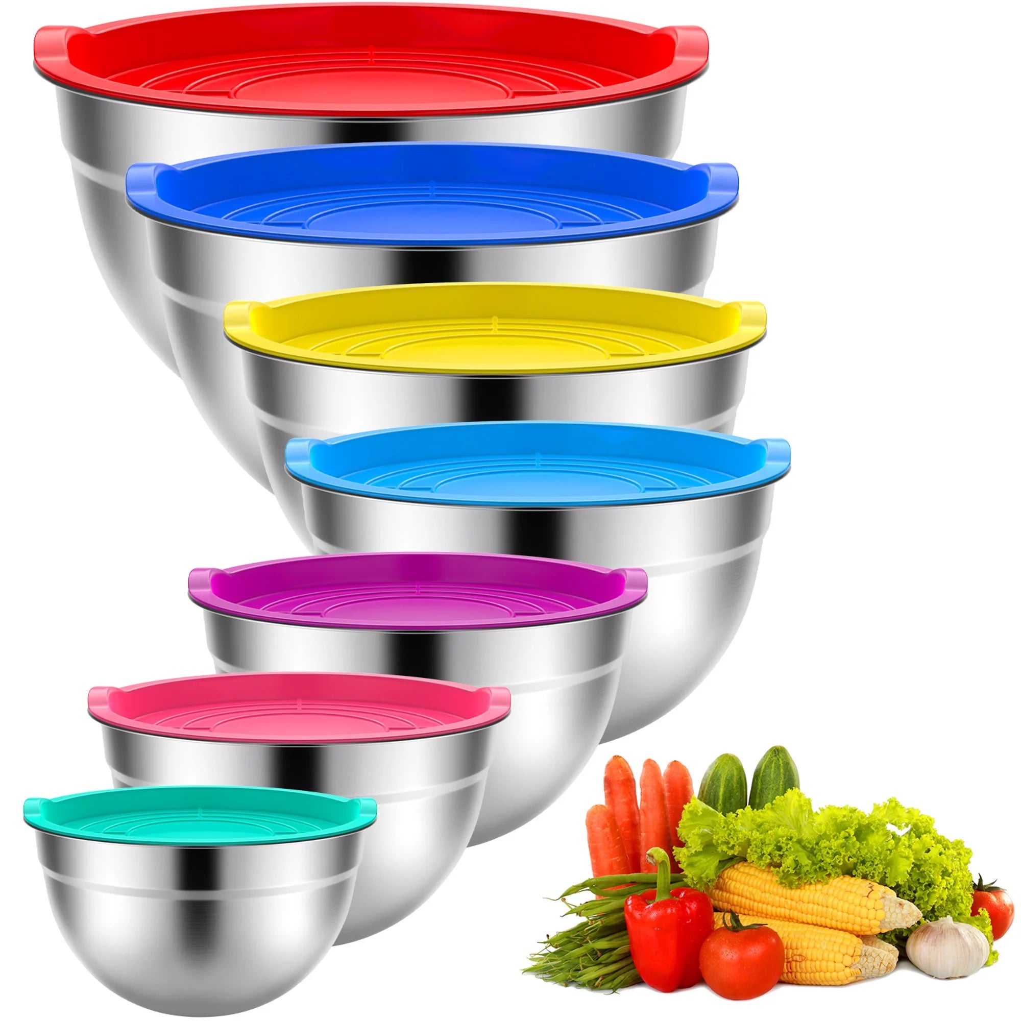 Stainless Steel Mixing Bowls Set - 7 Piece Metal Nesting Bowls for Kitchen - Various Sizes - Multi-Color - CommunityRateLLC