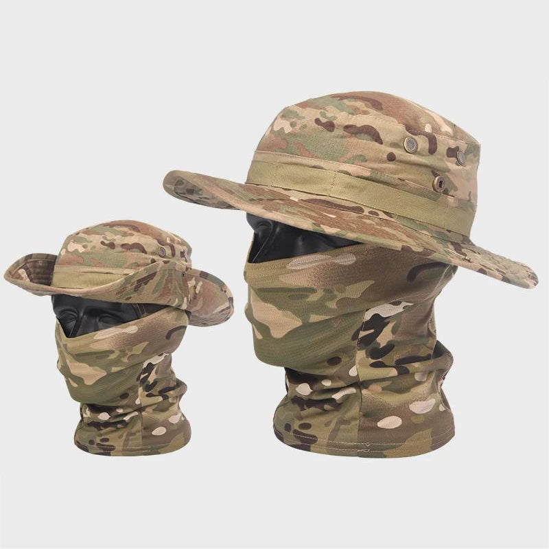 Camouflage Boonie Cap and Balaclava Set - Foldable Soft Outdoor Hat for Hunting and Fishing with Wide Brim for Sun Protection