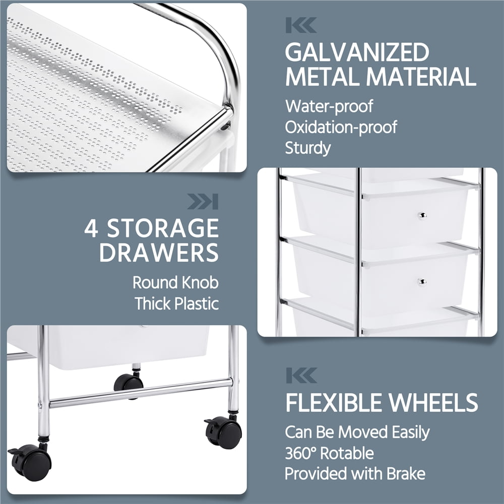 Rolling Storage Trolley Cart with 4 Plastic Drawers on Wheels, White - CommunityRateLLC