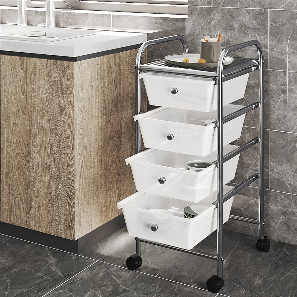 Rolling Storage Trolley Cart with 4 Plastic Drawers on Wheels, White - CommunityRateLLC