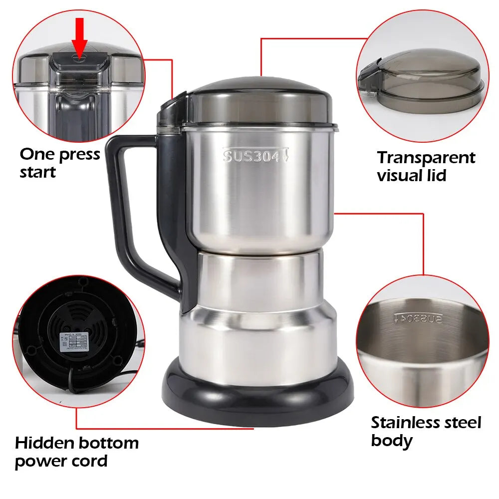 High-Performance Electric Coffee and Spice Grinder for Home Use - Multifunctional Machine for Cereal, Nuts, Beans, and Grains