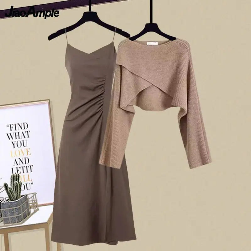 2025 Spring Autumn Women's Chic Irregular Knit Sweater and Sling Skirt Two-Piece Set - Elegant Korean Pullover Suit