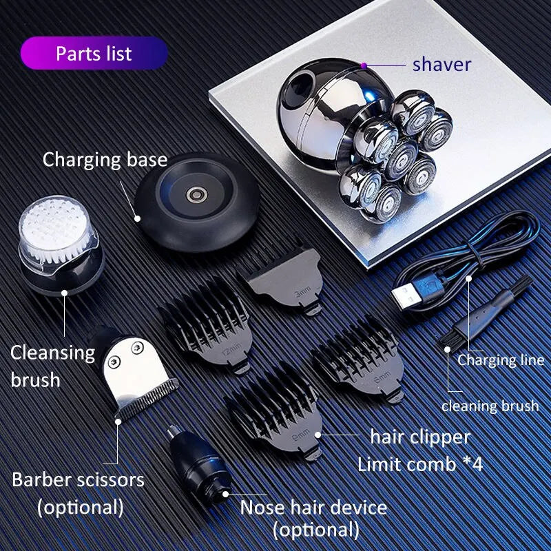 7D Floating Cutter Electric Shaver for Men - Portable Waterproof Beard Trimmer and Skull Shaver with Base Charging