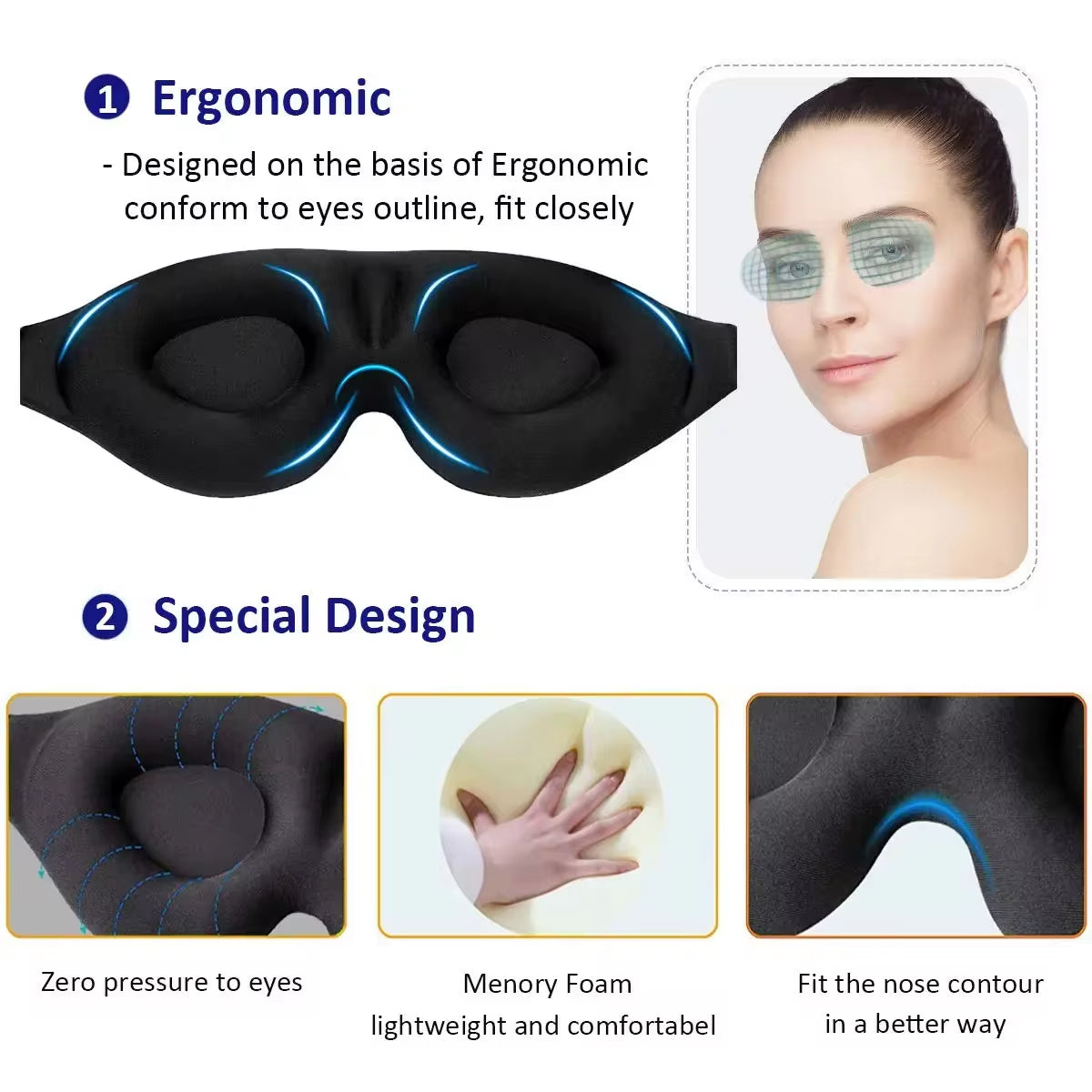 3D Contoured Sleep Eye Mask - Light Blocking Blindfold for Men and Women