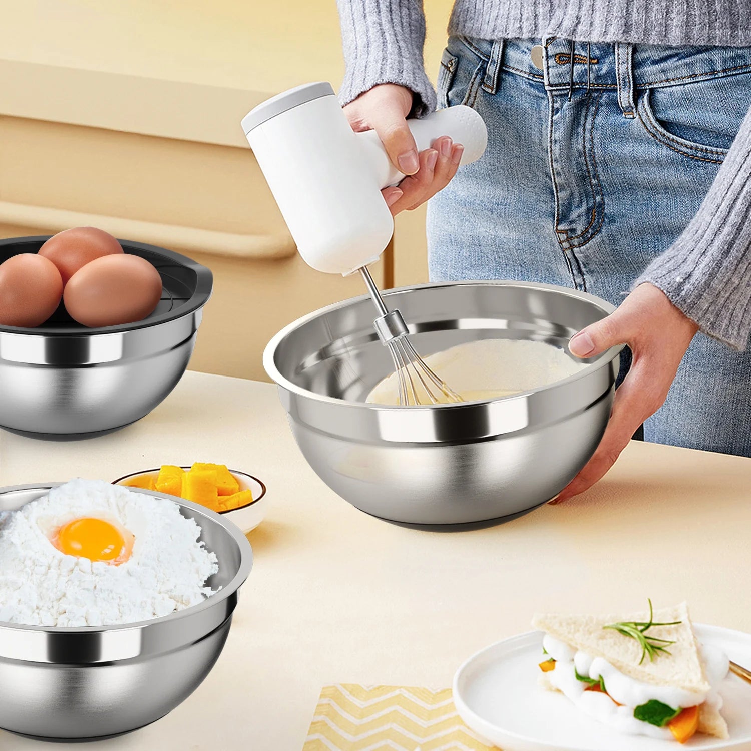 Mixing Bowls with Lids: Stainless Steel Mixing Bowls Set - 6 Piece Metal Nesting Mixing Bowls with Rubber Bottom-Black - CommunityRateLLC