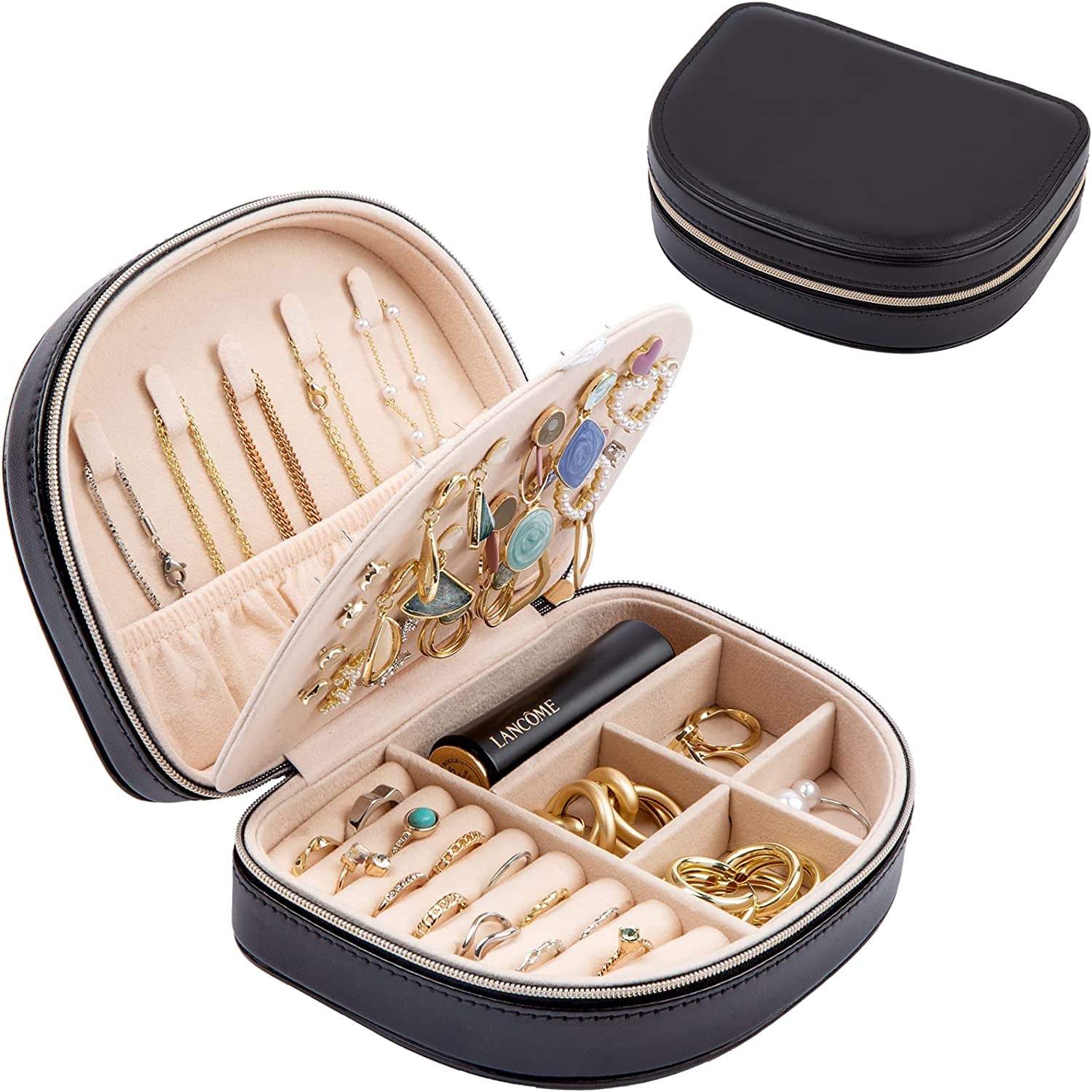 Medium Portable Seashell-Shaped Jewelry Organizer, 2-Layer Travel Jewelry Box in PU Leather for Women - Black