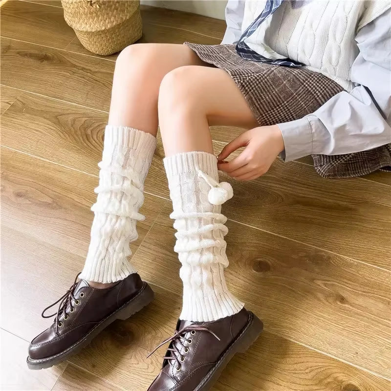 Ladies' Knitted Long Socks and Arm Warmers - White Crochet Leg Warmers for Autumn and Winter