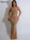 Women'S Rhinestones Décor Long Maxi Dress Glam Backless Hallucination Mesh Diamonds Party Dress Celebrities Outfits