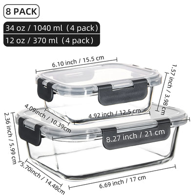 8 piece borosilicate glass food storage containers set with BPA-free leakproof lock lids, microwave and oven safe