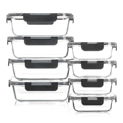 8 piece borosilicate glass food storage containers set with BPA-free leakproof lock lids, microwave and oven safe