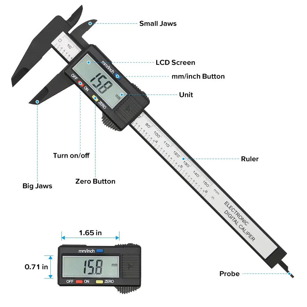 150mm x 100mm Electronic Digital Caliper with Carbon Fiber Dial - Precision Vernier Gauge and Measuring Tool