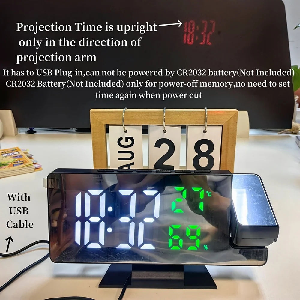 180° Projection Digital Alarm Clock with Temperature and Humidity Display, Night Mode, Snooze Function, 12/24 Hour Format, USB Powered LED Table Clock