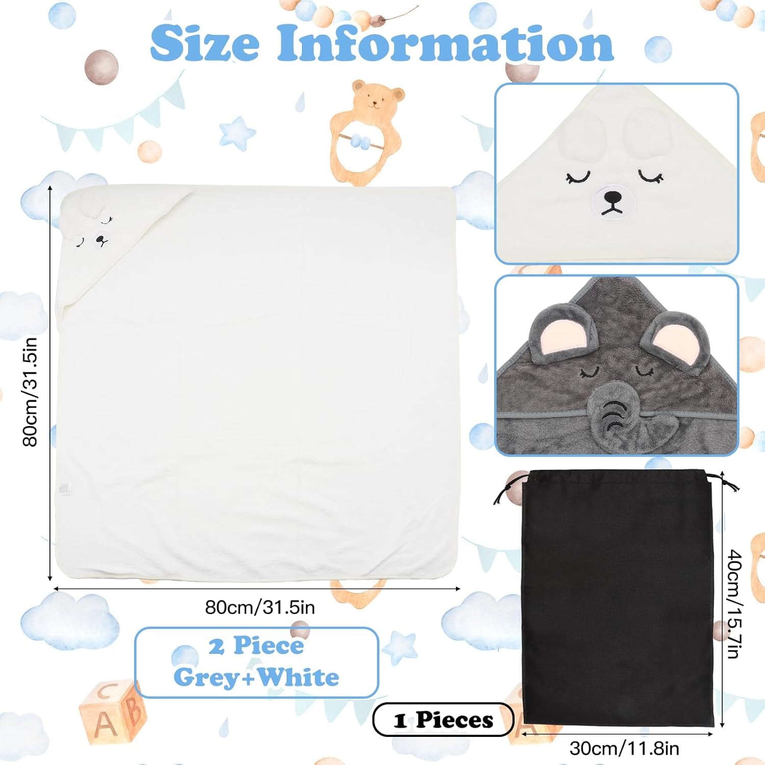 Set of 2 Baby Hooded Towels, 80x80 CM Ultra Soft and Absorbent Bath Towels for Newborns, Includes 30x40 CM Storage Bag, Ideal for Boys and Girls