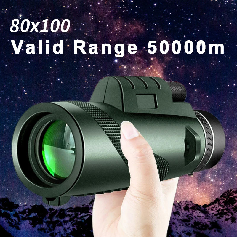 80x100 HD Zoom Monocular Telescope - Portable Long-Range Binoculars for Hunting and Camping with Tripod and Phone Clip