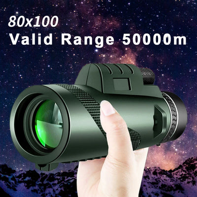 80x100 HD Zoom Monocular Telescope - Portable Long-Range Binoculars for Hunting and Camping with Tripod and Phone Clip