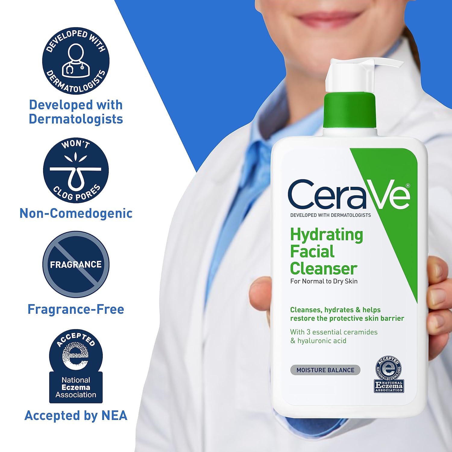 Hydrating Facial Cleanser | Moisturizing Wash for Dry Skin with Hyaluronic Acid, Ceramides, and Glycerin | Certified by the National Eczema Association