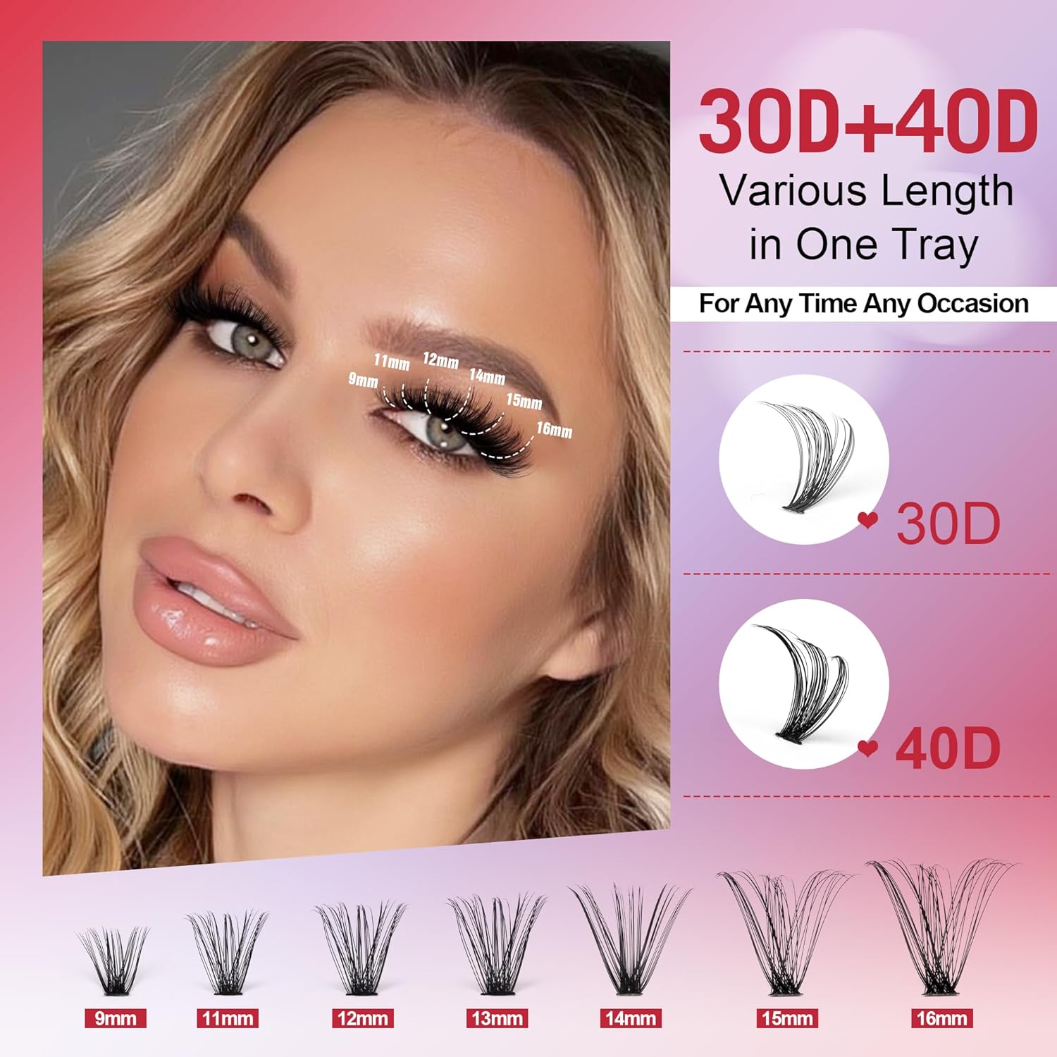 Professional Lash Extension Kit: Individual Lash Clusters (9-16mm, 30D & 40D) with Adhesive, Sealant, and Tweezers for At-Home Application