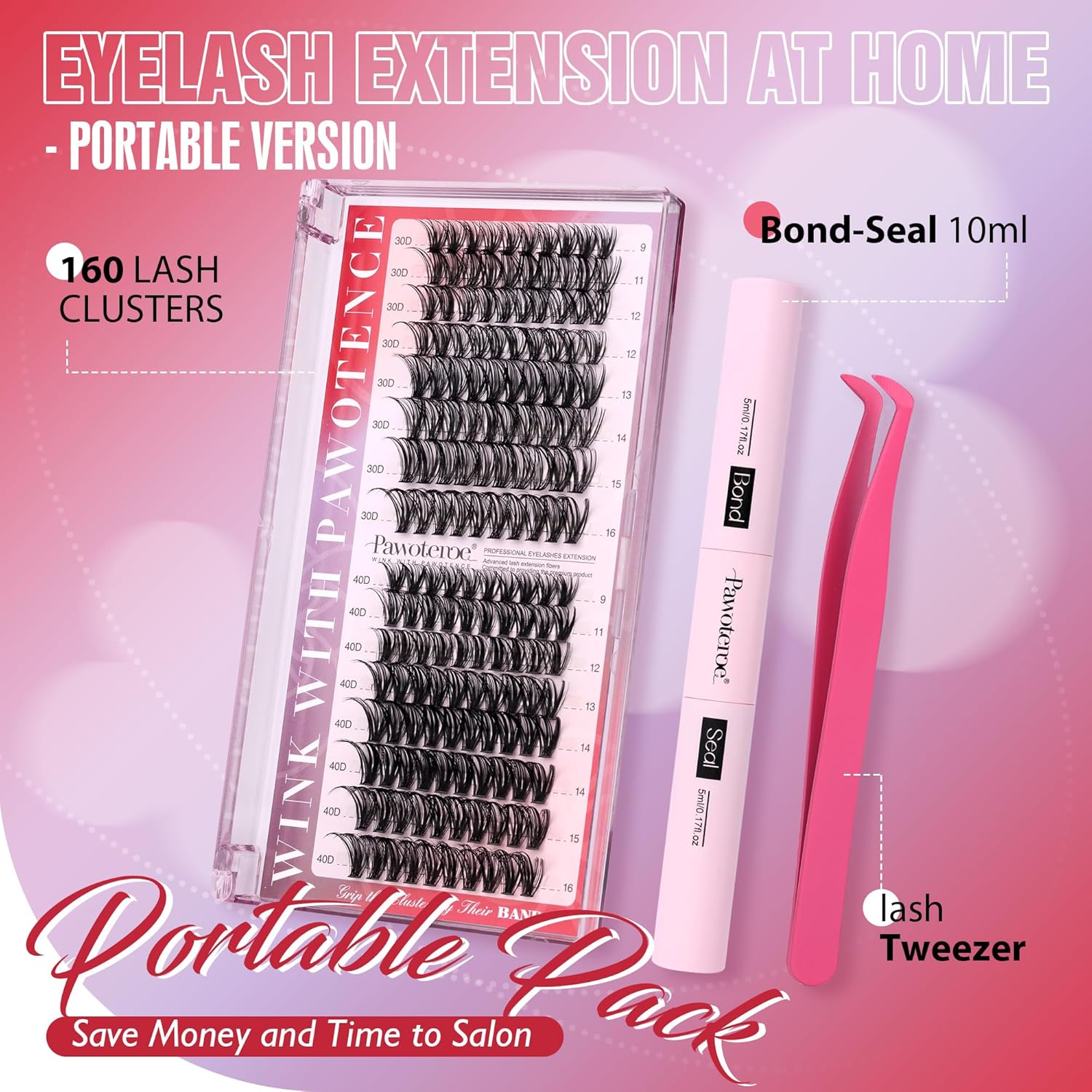 Professional Lash Extension Kit: Individual Lash Clusters (9-16mm, 30D & 40D) with Adhesive, Sealant, and Tweezers for At-Home Application