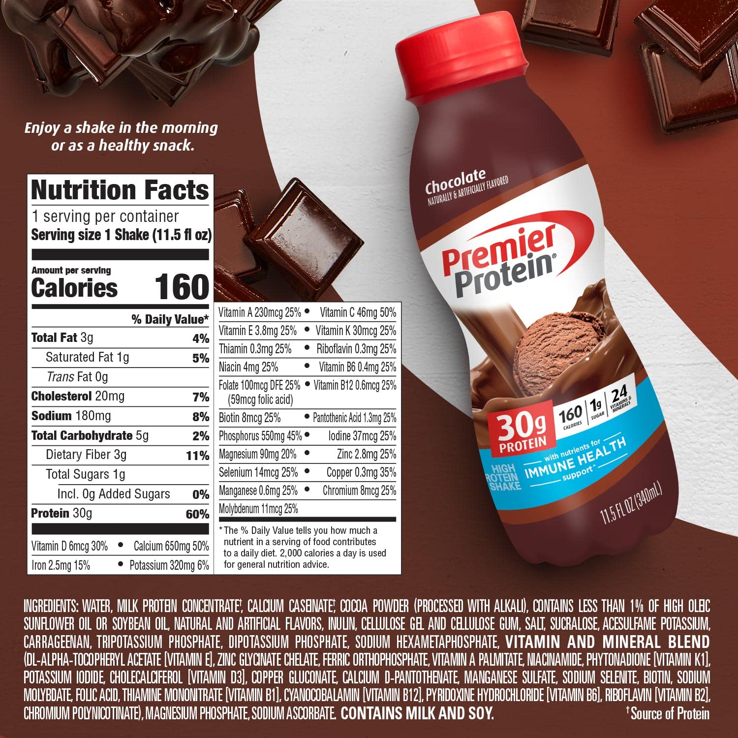 Shake, Chocolate, 30G Protein 1G Sugar 24 Vitamins Minerals Nutrients 11.5 Fl Oz (Pack of 12) - CommunityRateLLC