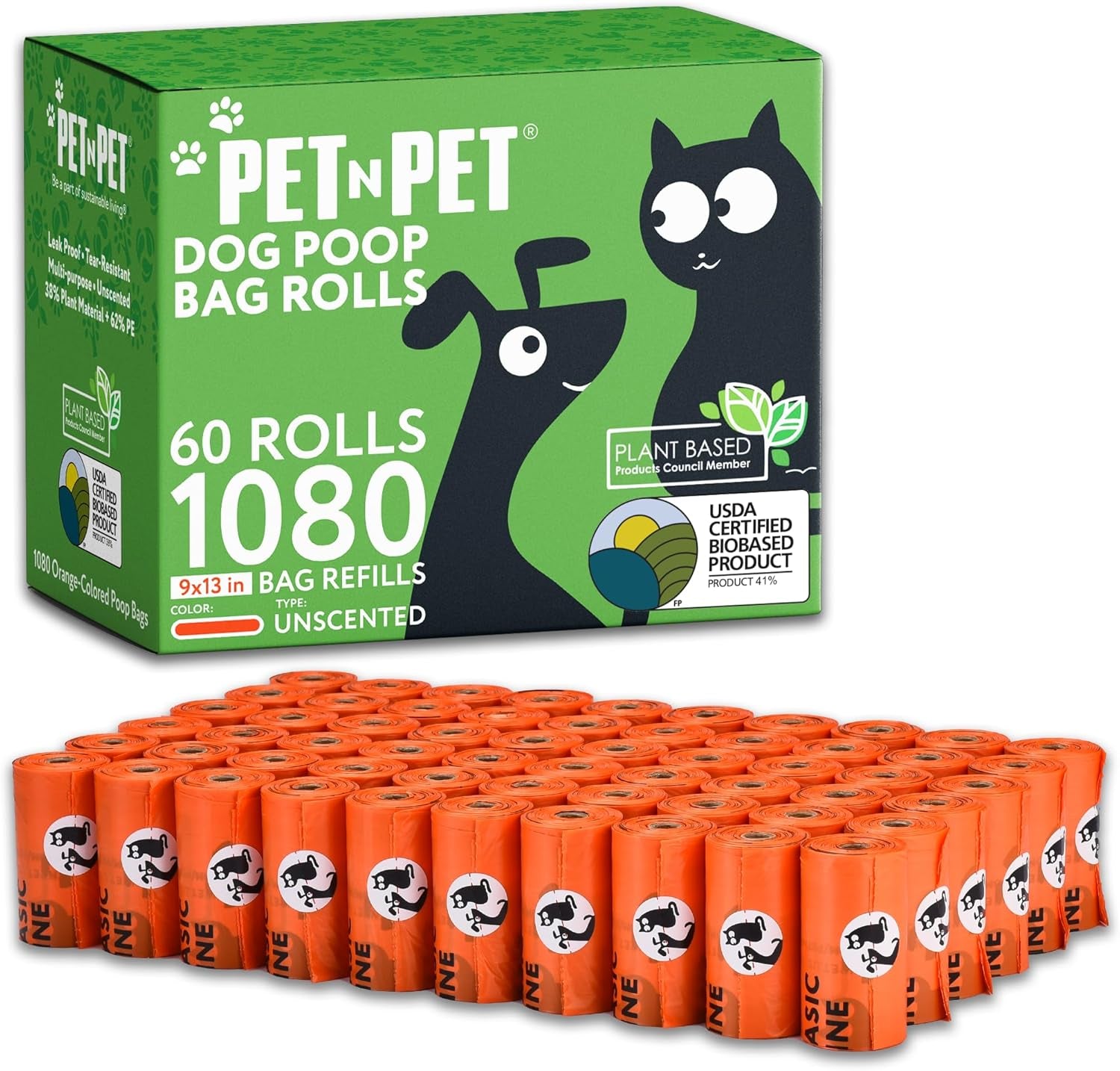 USDA Certified 41% Plant-Based Dog Waste Bags - Leak-Proof Refill Rolls (1080 Count, Unscented, Green)
