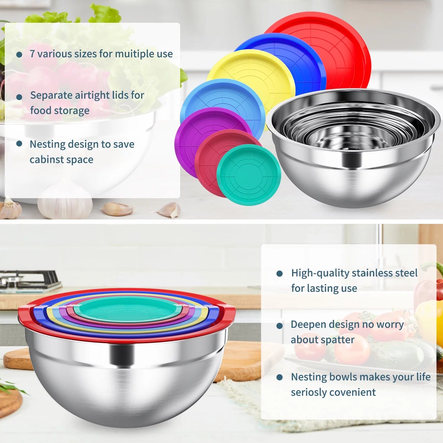 Stainless Steel Mixing Bowls Set - 7 Piece Metal Nesting Bowls for Kitchen - Various Sizes - Multi-Color - CommunityRateLLC