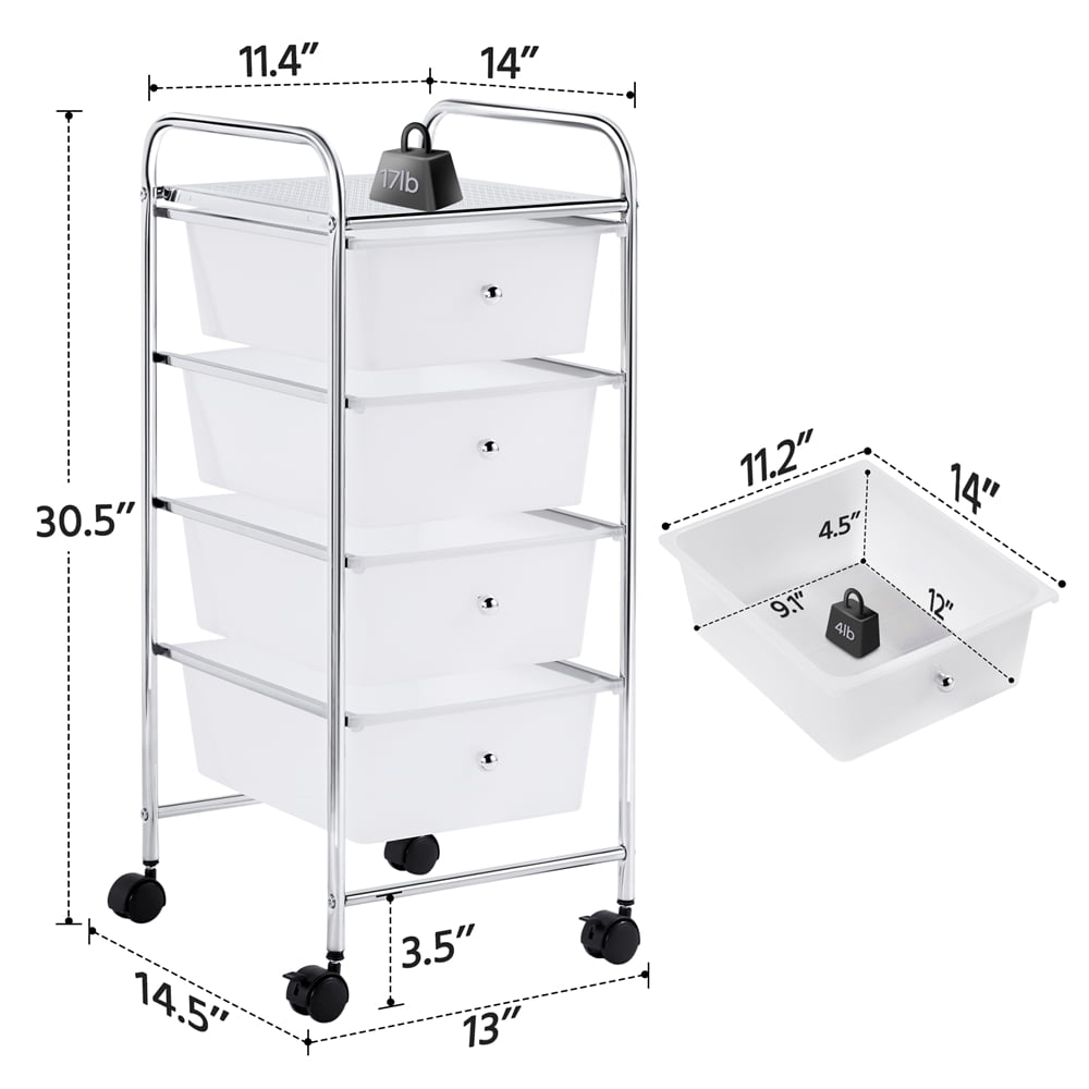 Rolling Storage Trolley Cart with 4 Plastic Drawers on Wheels, White - CommunityRateLLC