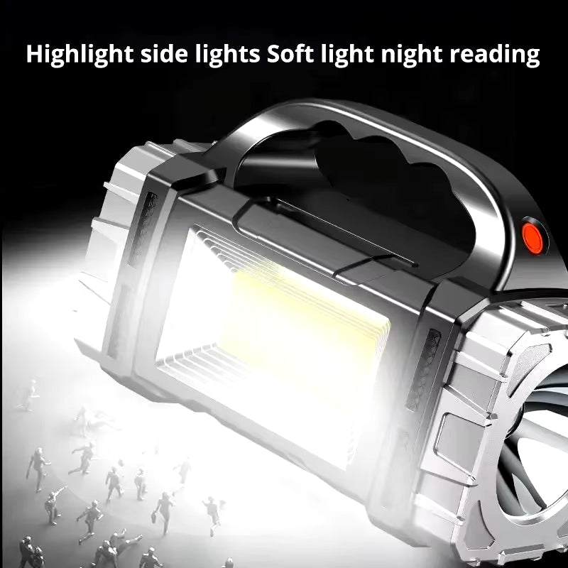 Portable High-Intensity USB Rechargeable Solar LED Flashlight with COB Work Light and Mobile Phone Charging Capability for Camping
