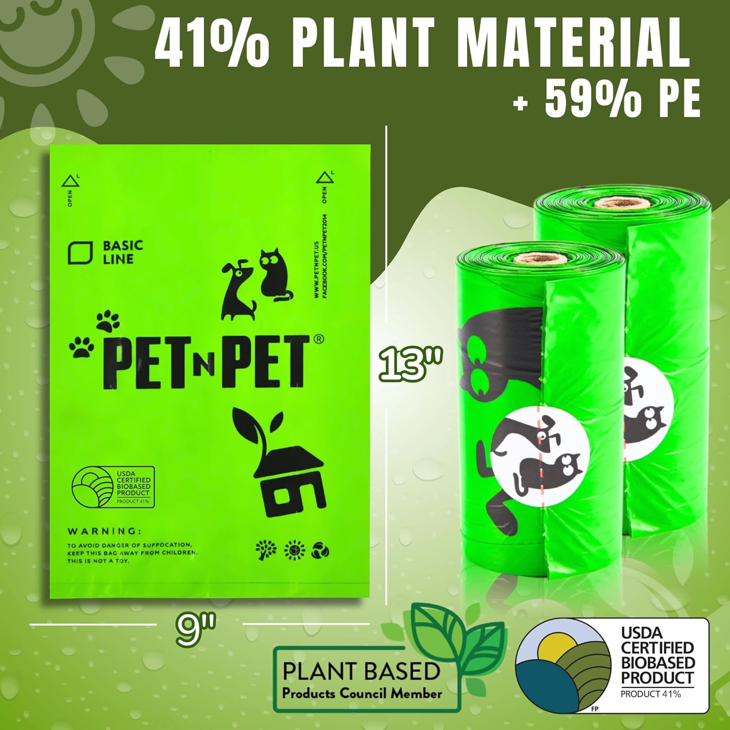 USDA Certified 41% Plant-Based Dog Waste Bags - Leak-Proof Refill Rolls (1080 Count, Unscented, Green)