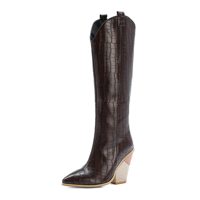 Black Pink Blue Knee High Boots Western Cowboy Boots for Women Long Winter Boots Pointed Toe Cowgirl Wedges Motorcycle Boots