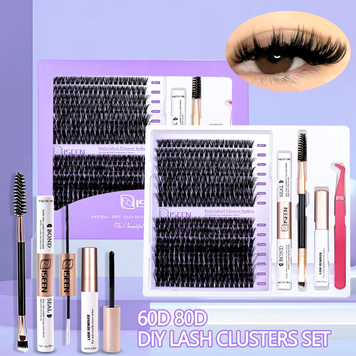 DIY Lash Extension Kit: Mixed Style Lash Clusters with Bond & Seal, Remover, Tweezers, and Lash Brush for Self-Application Makeup