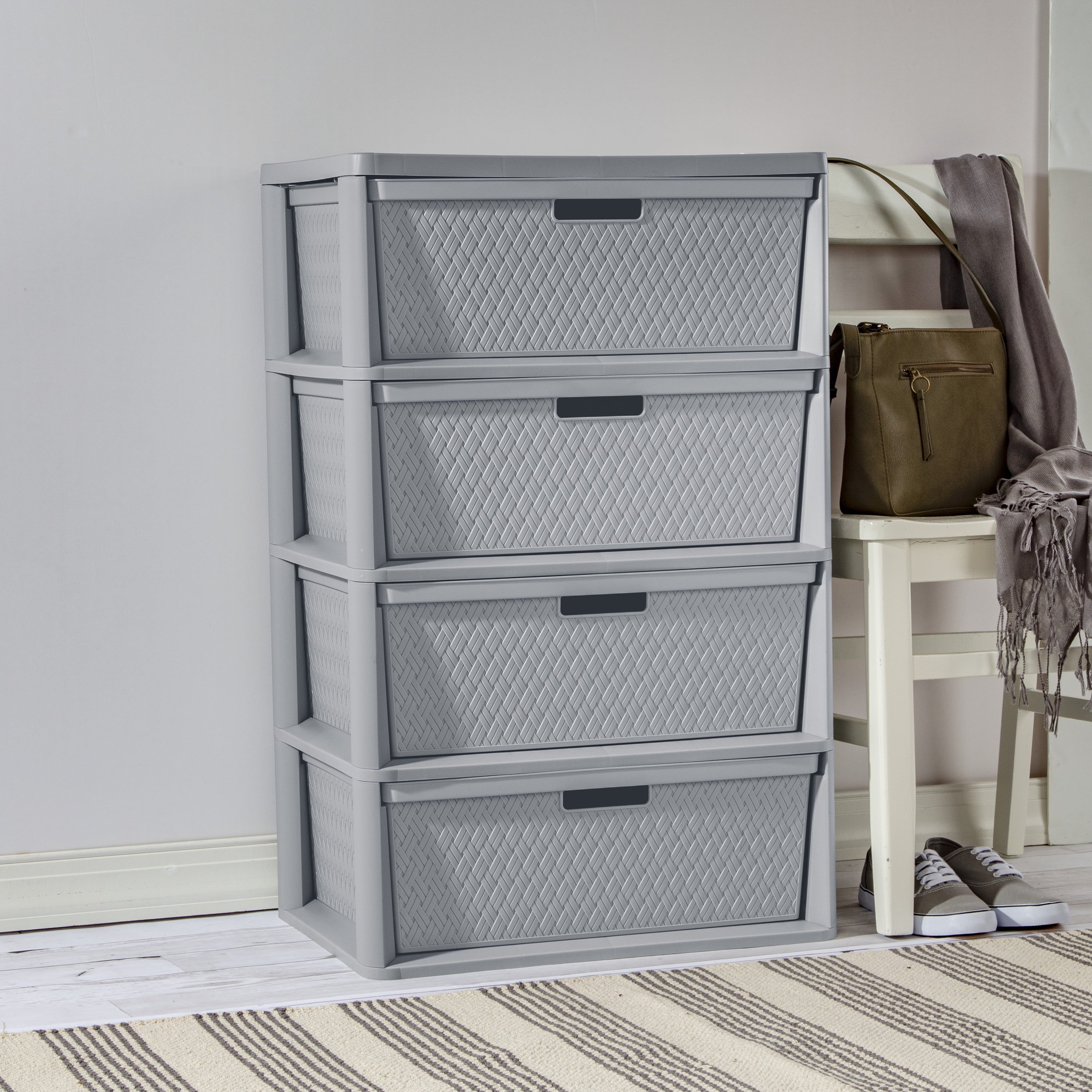 Wide 4 Drawer Cross-Weave Tower Cement