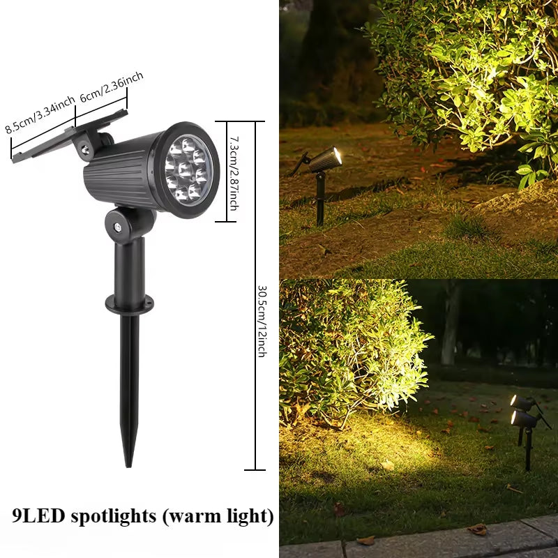 9 LED Solar Spotlights - RGB Outdoor Landscape Lights, IP65 Waterproof, Adjustable Brightness for Gardens and Yards