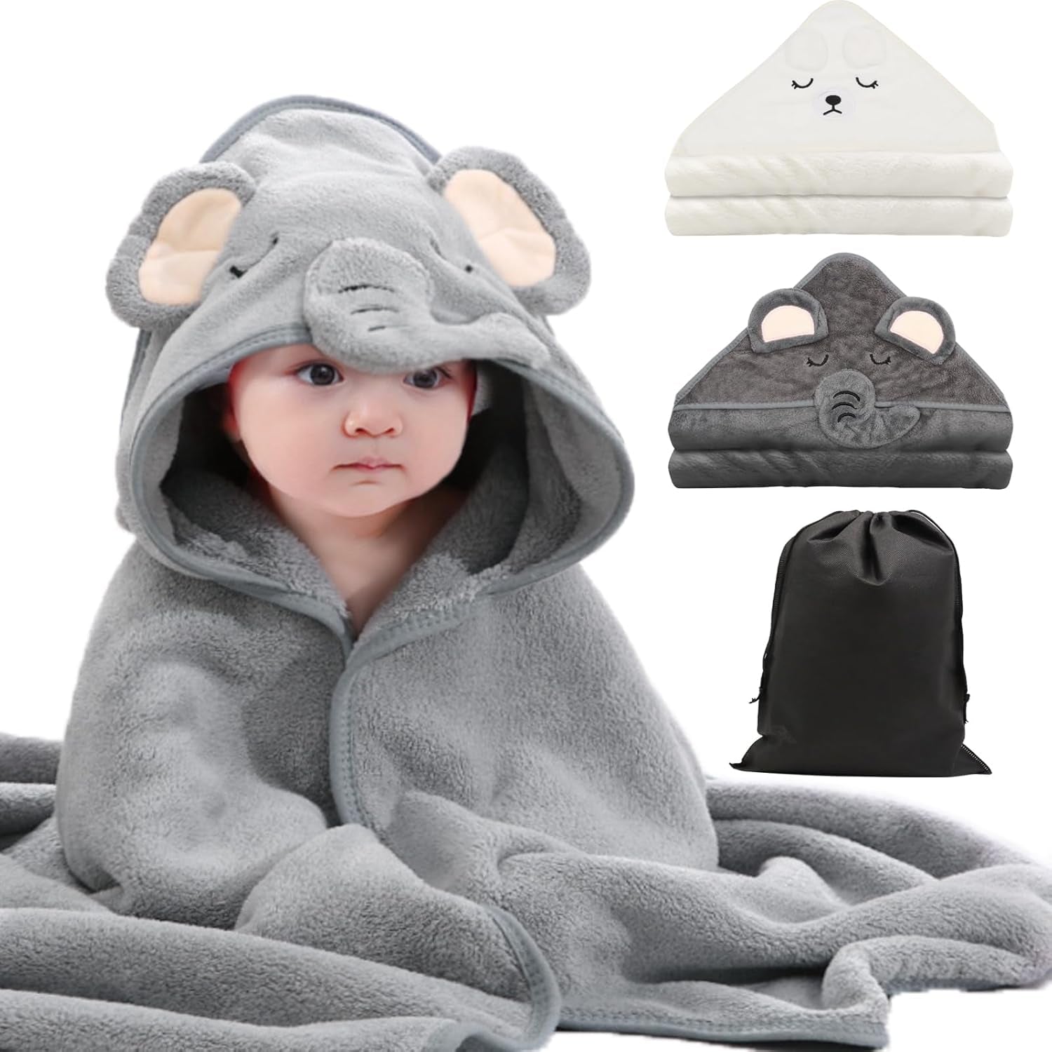 Set of 2 Baby Hooded Towels, 80x80 CM Ultra Soft and Absorbent Bath Towels for Newborns, Includes 30x40 CM Storage Bag, Ideal for Boys and Girls