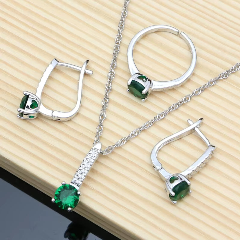 Elegant Silver 925 Jewelry Set with Natural Green Emerald: Earrings, Bracelet, Resizable Ring, and Birthstone Necklace for Fashionable Occasions