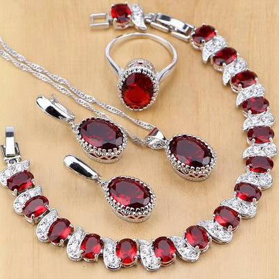 Natural 925 Silver Jewelry Set with Red Birthstone for Women - Earrings, Pendant, Necklace, Ring, and Bracelets T055